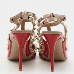 Pre Owned Valentino Red Patent Leather Rockstud Ankle Strap Pumps Size 38.5