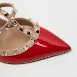 Pre Owned Valentino Red Patent Leather Rockstud Ankle Strap Pumps Size 38.5