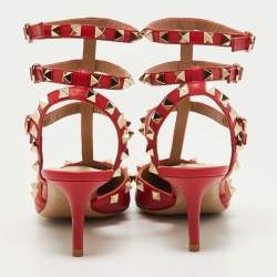 Pre Owned Valentino Red Leather Rockstud Ankle Strap Pumps Size 36