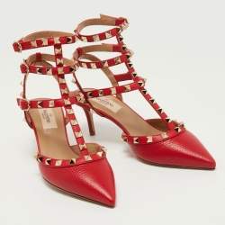 Pre Owned Valentino Red Leather Rockstud Ankle Strap Pumps Size 36