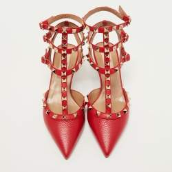 Pre Owned Valentino Red Leather Rockstud Ankle Strap Pumps Size 36
