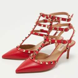 Pre Owned Valentino Red Leather Rockstud Ankle Strap Pumps Size 36