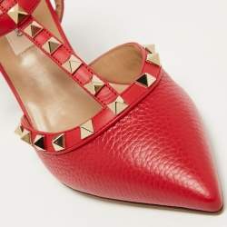 Pre Owned Valentino Red Leather Rockstud Ankle Strap Pumps Size 36