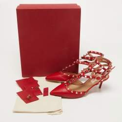 Pre Owned Valentino Red Leather Rockstud Ankle Strap Pumps Size 36