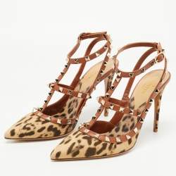 Pre Owned Valentino Beige/Brown Leather and Canvas Rockstud Pumps Size 40.5