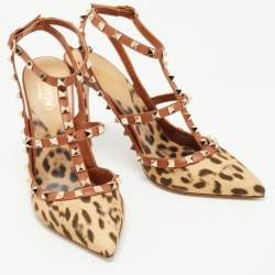 Pre Owned Valentino Beige/Brown Leather and Canvas Rockstud Pumps Size 40.5