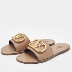 Pre Owned Valentino Beige Leather Escape VLogo Flat Slides Size 38