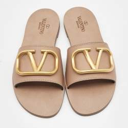 Pre Owned Valentino Beige Leather Escape VLogo Flat Slides Size 38