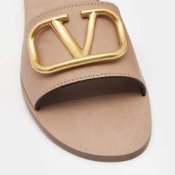 Pre Owned Valentino Beige Leather Escape VLogo Flat Slides Size 38