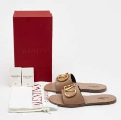 Pre Owned Valentino Beige Leather Escape VLogo Flat Slides Size 38