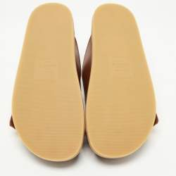 Pre Owned Valentino Brown Leather Roman Stud Flat Slides Size 36