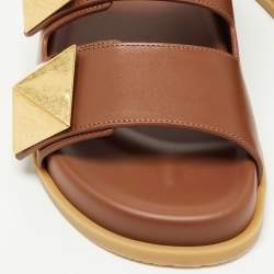Pre Owned Valentino Brown Leather Roman Stud Flat Slides Size 36