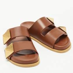 Pre Owned Valentino Brown Leather Roman Stud Flat Slides Size 36