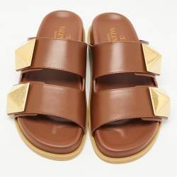 Pre Owned Valentino Brown Leather Roman Stud Flat Slides Size 36