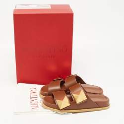 Pre Owned Valentino Brown Leather Roman Stud Flat Slides Size 36