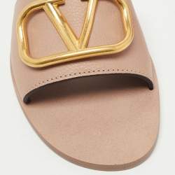 Pre Owned Valentino Dusty Pink Leather Escape VLogo Flat Slides Size 38