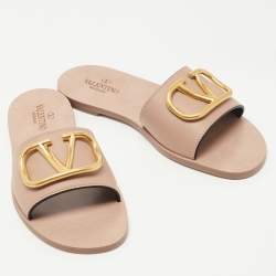 Pre Owned Valentino Dusty Pink Leather Escape VLogo Flat Slides Size 38