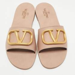 Pre Owned Valentino Dusty Pink Leather Escape VLogo Flat Slides Size 38