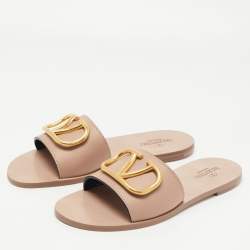 Pre Owned Valentino Dusty Pink Leather Escape VLogo Flat Slides Size 38