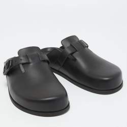 Pre Owned Valentino Black Leather VLogo Sabot Mules Size 42