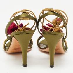 Pre Owned Valentino Olive Green Satin Floral Applique Ankle Tie Sandals Size 38.5