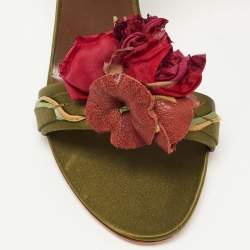 Pre Owned Valentino Olive Green Satin Floral Applique Ankle Tie Sandals Size 38.5