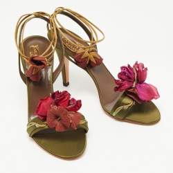 Pre Owned Valentino Olive Green Satin Floral Applique Ankle Tie Sandals Size 38.5