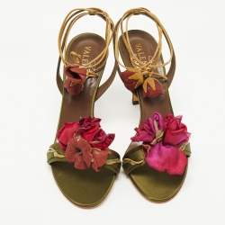 Pre Owned Valentino Olive Green Satin Floral Applique Ankle Tie Sandals Size 38.5