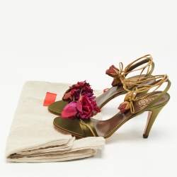 Pre Owned Valentino Olive Green Satin Floral Applique Ankle Tie Sandals Size 38.5
