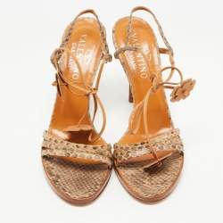 Pre Owned Valentino Brown Python Ankle Tie Sandals Size 39