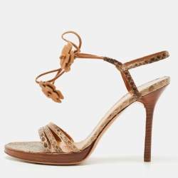 Pre Owned Valentino Brown Python Ankle Tie Sandals Size 39