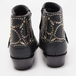 Pre Owned Valentino Black Leather Embellished Cowboy Ankle Boots Size 37.5