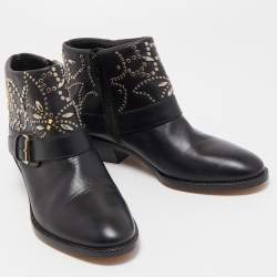 Pre Owned Valentino Black Leather Embellished Cowboy Ankle Boots Size 37.5