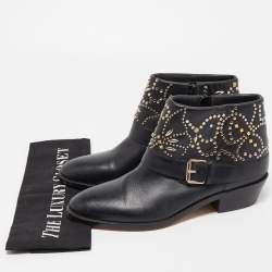 Pre Owned Valentino Black Leather Embellished Cowboy Ankle Boots Size 37.5