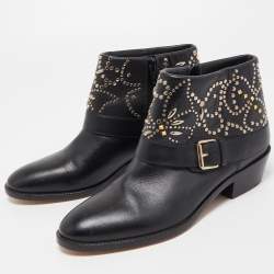 Pre Owned Valentino Black Leather Embellished Cowboy Ankle Boots Size 37.5