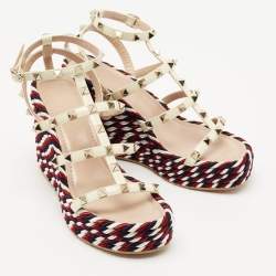 Pre Owned Valentino Cream Patent Leather Rockstud Wedge Sandals Size 36