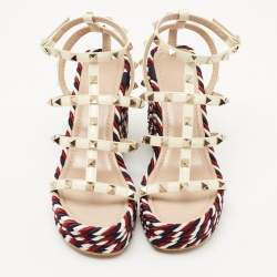 Pre Owned Valentino Cream Patent Leather Rockstud Wedge Sandals Size 36