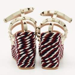 Pre Owned Valentino Cream Patent Leather Rockstud Wedge Sandals Size 36