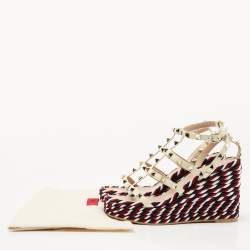 Pre Owned Valentino Cream Patent Leather Rockstud Wedge Sandals Size 36