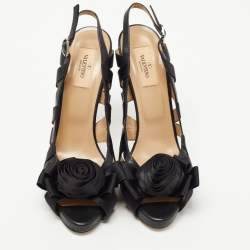 Pre Owned Valentino Black Leather and Canvas Slingback Sandals Size 40