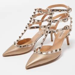 Pre Owned Valentino Metallic Beige Patent and Leather Rockstud  Ankle Strap Pumps Size 36
