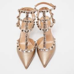 Pre Owned Valentino Metallic Beige Patent and Leather Rockstud  Ankle Strap Pumps Size 36