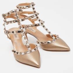 Pre Owned Valentino Metallic Beige Patent and Leather Rockstud  Ankle Strap Pumps Size 36