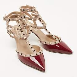 Pre Owned Valentino Burgundy Patent and  Leather Rockstud  Ankle Strap Pumps Size 36