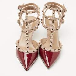 Pre Owned Valentino Burgundy Patent and  Leather Rockstud  Ankle Strap Pumps Size 36