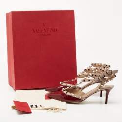 Pre Owned Valentino Burgundy Patent and  Leather Rockstud  Ankle Strap Pumps Size 36