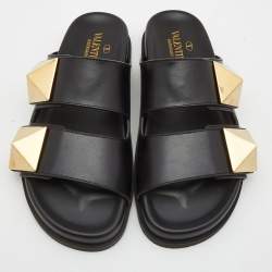 Pre Owned Valentino Black Leather Roman Stud Flat Slides Size 38