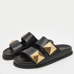 Pre Owned Valentino Black Leather Roman Stud Flat Slides Size 38