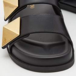 Pre Owned Valentino Black Leather Roman Stud Flat Slides Size 38