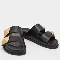 Pre Owned Valentino Black Leather Roman Stud Flat Slides Size 38